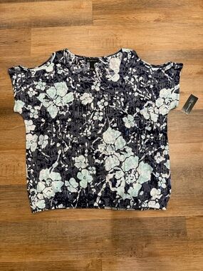 INC International Concepts Navy Floral Sequins Cold-Shoulder Top 2X